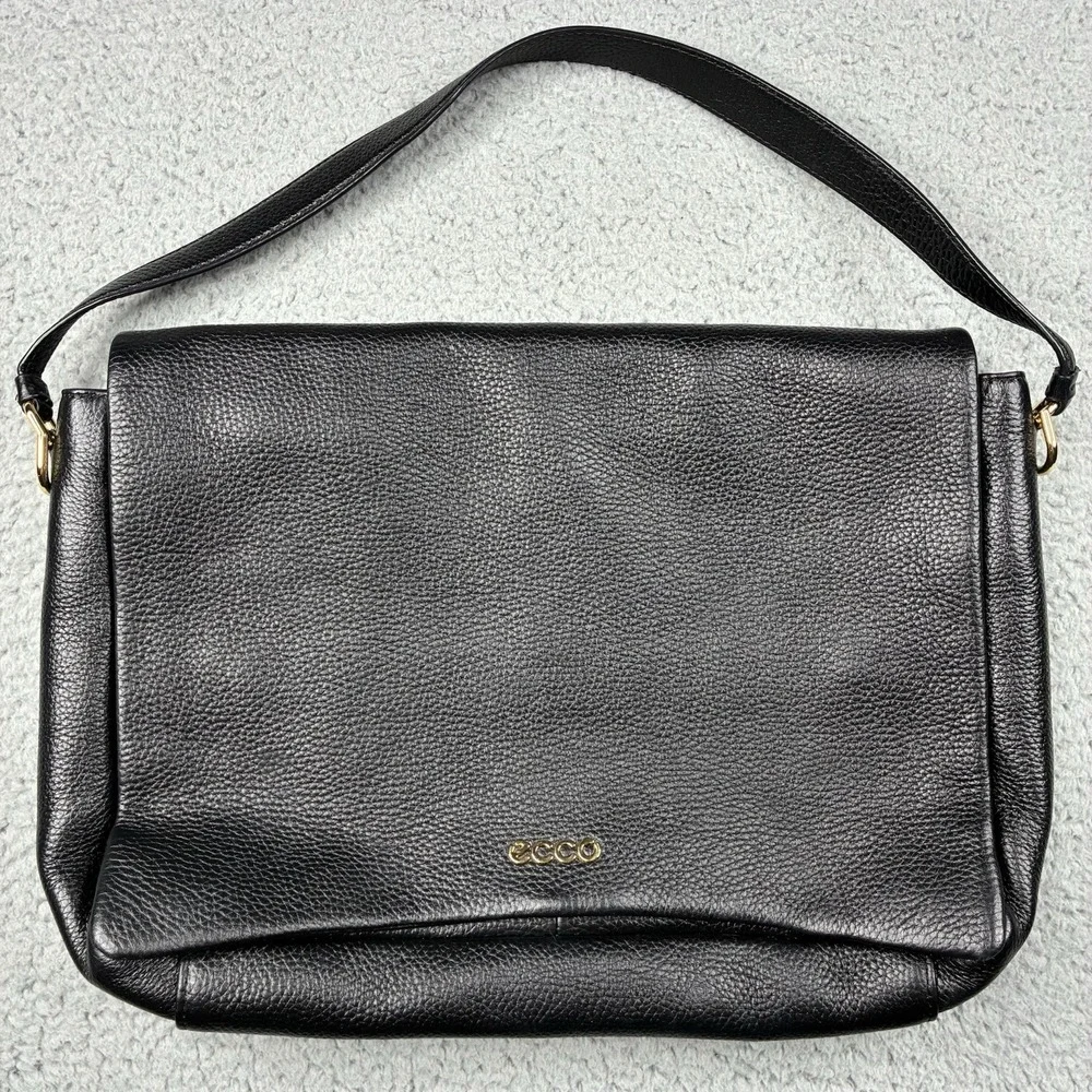 ECCO Extra Large Pinch Black Leather Shoulder Crossbody Bag Gold Hardware